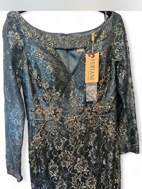 Feriani Couture Teal Lace Beaded Evening Dress